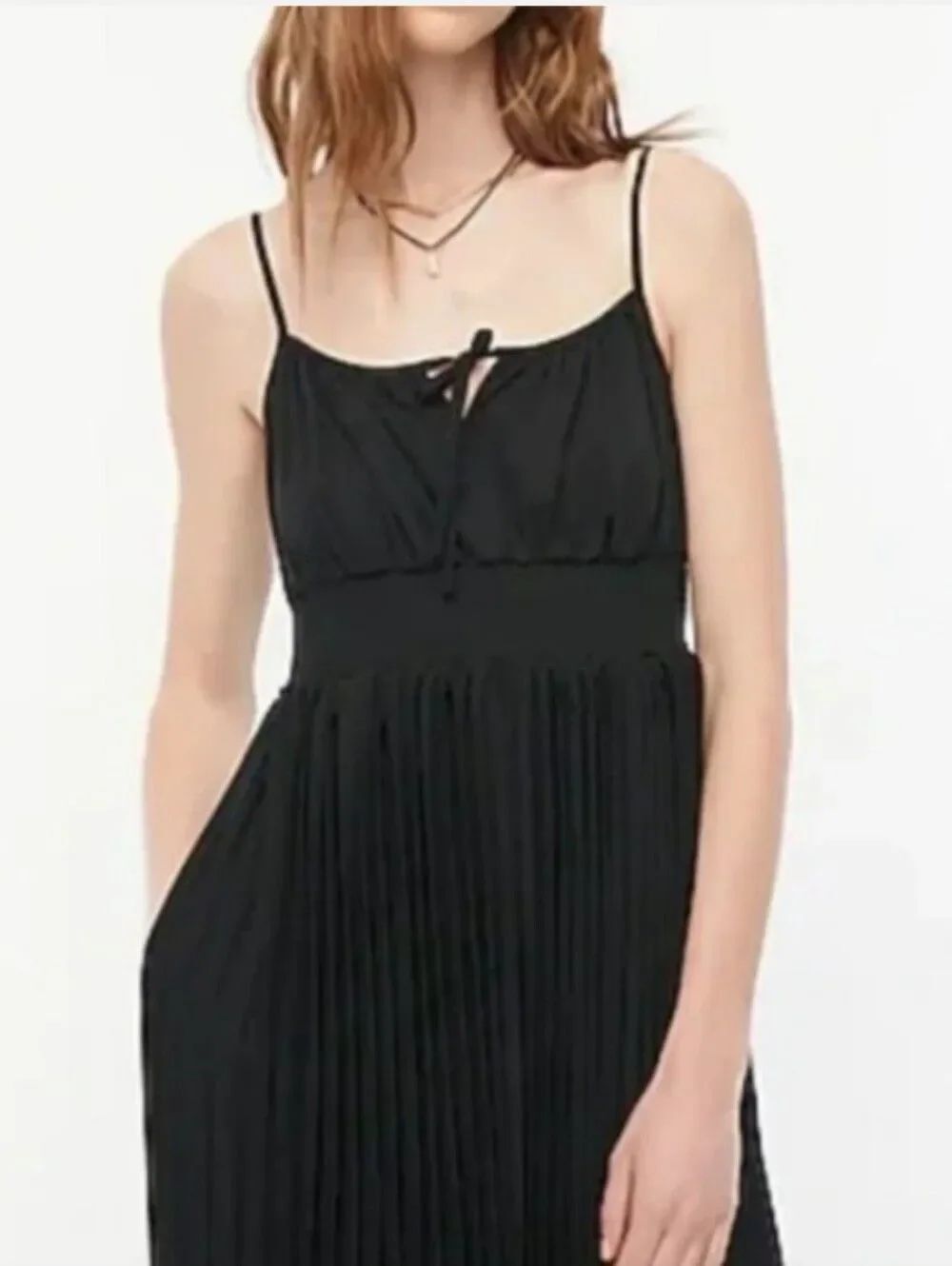 J Crew Black Pleated Midi Dress with Smocking And Spaghetti Straps Size 0 - Picture 2 of 15